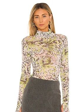 AFRM Zadie Top Femme Papillion Mock Neck Long Sleeve Top in Pink and Lime